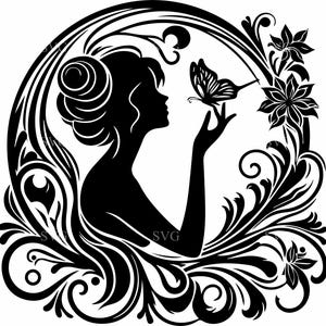 7 papillons SVG - 7 cliparts silhouette femme élégante - fichier de coupe floral féminin pour cartes, art mural et travaux manuels