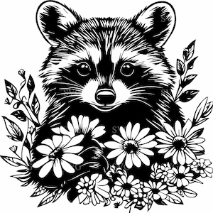 Raton laveur avec des fleurs fichier coupé SVG 4 - adorable silhouette animale - art forestier lunatique pour travaux manuels