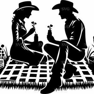 4 Cowboy und Cowgirl Picknick SVG 4 Schnittdatei, Romantisches Western Paar Outdoor Silhouette, Land Datum Digital Design