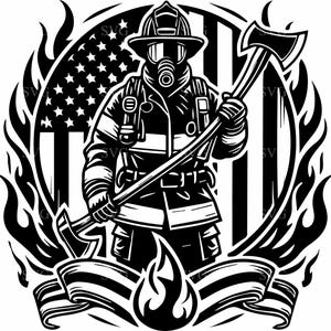 Hommage aux pompiers SVG 5 fichier coupe | Silhouette héroïque avec drapeau et hache | Conception patriotique de premiers intervenants
