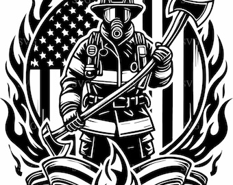 May include: Black and white illustration of a firefighter holding an axe in front of an American flag. The firefighter is wearing a helmet and a gas mask. Flames are surrounding the image.