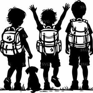 Tres niños con mochilas SVG, 4 niños haciendo senderismo, archivo de corte de silueta, clipart de aventura al aire libre para Cricut y corte láser