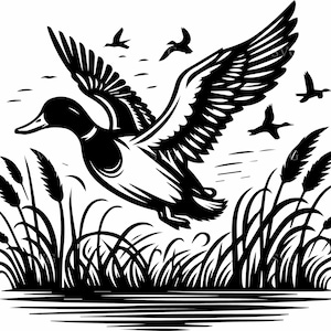 May include: Black and white illustration of a duck in flight over water and reeds. Several smaller birds are also in flight in the background. The duck has its wings spread wide, and the reeds are tall and slender.