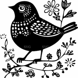Volkskunst vogel SVG 8 gesneden bestand, grillige vogel met bloemen en tak vectorkunst, decoratieve silhouet clipart