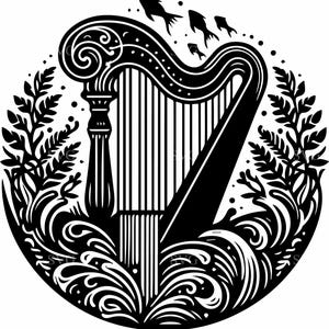 May include: A black and white illustration of a harp within a circular frame. The harp is surrounded by stylized water, plants, and fish. The design is detailed and suitable for various applications, such as wall art or graphic design projects.