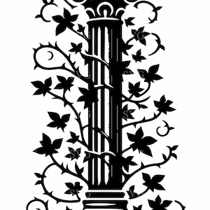 Puede incluir: Una ilustración en blanco y negro de una columna con enredaderas que crecen por los lados. Las enredaderas tienen hojas y espinas.