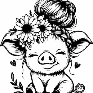Schattige bloemen biggen SVG 4 gesneden bestand | Hartje met bloemenkroon | Clipart boerderijdieren voor Cricut Silhouette
