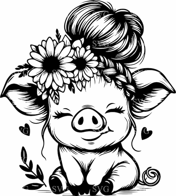 愛らしい花柄の子豚SVG 4カットファイル | 花冠をつけたかわいい豚