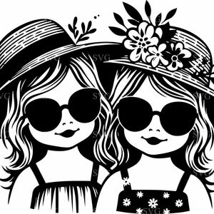 Coole Schwestern SVG 6 Schnittdatei, Stilvolle Mädchen mit Sonnenbrille und Blumen Sonnenhüte, Sommer Beste Freunde Silhouette, digitaler Download