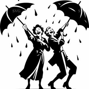 8 lachende Omas im Regen SVG - 8 Retro Freunde mit Regenschirm PNG, lustige regnerische Tag Clipart für Laser Cut, Cricut oder Sublimation