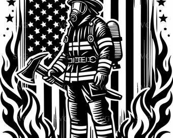 May include: Black and white illustration of a firefighter standing in front of an American flag with flames on either side. The firefighter is wearing a helmet, a gas mask, and a fire-resistant suit. The firefighter is holding an axe in their right hand.