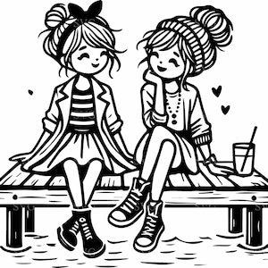 Girls on Dock SVG 4 Cut File - Zwei Freunde im Chat am See mit Segelboot - Skurrile Clipart für Cricut & Silhouette