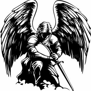 以下が含まれることがあります： 大きな翼を持つ天使がひざまずいて剣を持っている、白黒のイラスト。天使は鎧を着ており、真剣な表情をしています。