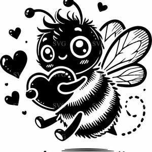 Könnte beinhalten: Eine Schwarzweiß-Cartoon-Illustration einer Biene, die ein Herz hält. Die Biene hat große Augen und einen flauschigen Körper. Die Biene fliegt mit ausgebreiteten Flügeln.