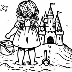 Beach Baby Girl SVG, 6 bambini che giocano nella sabbia con il castello, file di taglio per le vacanze estive per Cricut e Silhouette