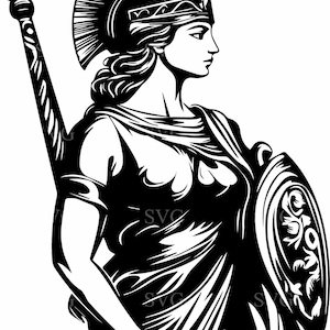 May include: Black and white illustration of a woman warrior wearing a helmet and holding a sword and shield.