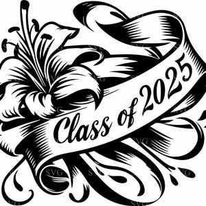 Archivo de corte SVG de graduación de la clase 2025 7 con elegante flor de lirio, pancarta de cinta y remolinos decorativos