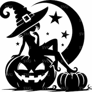 4 SVG de sorcière citrouille | Élégante lime d'Halloween avec croissant de lune, étoiles et citrouille-lanterne | Clipart Sorcière Cricut