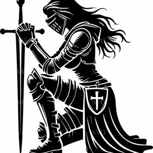 Archivo SVG 5 de mujer caballero: silueta de mujer guerrera arrodillada con espada: diseño SVG medieval empoderador