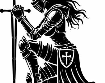 Female Knight SVG 5 Cut File – Warrior Woman Kneeling with Sword Silhouette – Empowering Medieval SVG Design