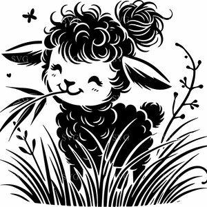 File di taglio SVG di agnello carino, 7 pecore felici con fiori e farfalle, sagoma di animali da fattoria per lavori fai da te