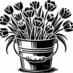 Emmer tulpen SVG 4 gesneden bestand - rustiek bloemenboeket in metalen emmer - lente digitale clipartontwerp