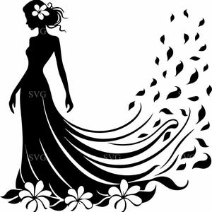 Vestido de mujer con 7 flores SVG, archivo de corte de silueta de viento floral, chica elegante en flor para Cricut y manualidades láser