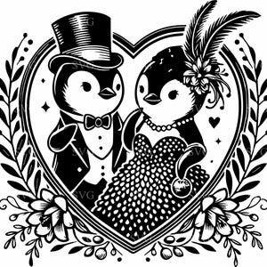 Pinguïnpaar SVG 3 gesneden bestand, elegante tortelduifjes in vintage kledij, romantisch hart silhouet, digitale download