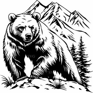 Archivo SVG 4 de oso majestuoso, clipart de vida silvestre con escena de montaña, diseño de oso del bosque