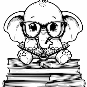 May include: Black and white illustration of a baby elephant wearing glasses, reading a book while sitting on a stack of books. The elephant has large ears and is smiling. The image is a cartoon style.