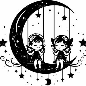 7 twee meisjes op maanschommel SVG 7 gesneden bestand schattige nachtscène clipart voor Cricut en Silhouette Crafts