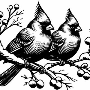 7 cardinaux sur une branche de pin SVG – 7 paires d'oiseaux d'hiver coupés – silhouette de vacances pour travaux manuels Cricut, panneaux de Noël, décoration naturelle