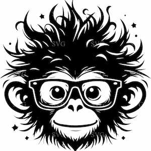 Singe drôle avec des lunettes SVG, fichier de coupe de visage de singe dessin animé original, conception animale ludique pour travaux manuels