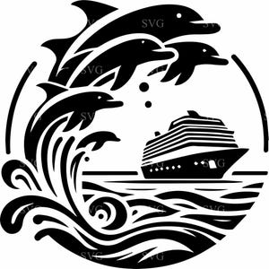 Delphin Ozean SVG 4 Schnittdatei, Kreuzfahrtschiff und springende Delfine Clipart, nautischer digitaler Download für Cricut & Vinyl