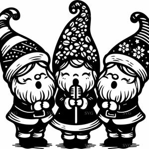 4 gnomi che cantano canti natalizi – Gnomo cantante SVG – Clipart di musica natalizia per Cricut, decorazioni festive, lavoretti invernali