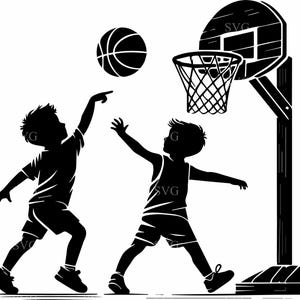 バスケットボール少年 SVG 8 カット ファイル、フープでバスケットボールをする 2 人の少年、スポーツ クラフト用のデジタル ダウンロード
