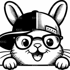File di taglio SVG 4 di Cool Bunny / Coniglio che fa capolino con berretto e occhiali / Clipart di animali divertenti per Cricut Silhouette