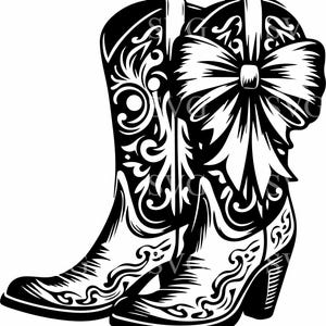 May include: A pair of black cowboy boots with intricate floral designs and a large white bow on the top of one boot.