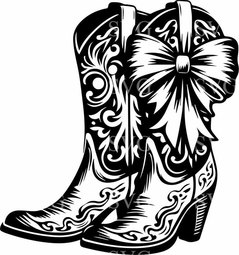 May include: A pair of black cowboy boots with intricate floral designs and a large white bow on the top of one boot.