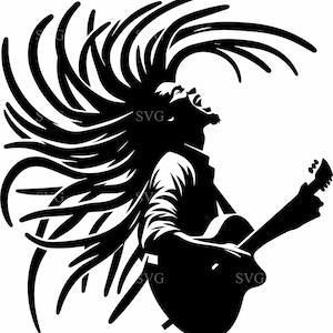 Könnte beinhalten: Schwarz-Weiß-Illustration eines Musikers, der Gitarre spielt. Der Musiker hat lange, fließende Dreadlocks und singt. Die Gitarre ist im klassischen Akustikstil gehalten.
