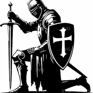 4 Kneeling Warrior SVG 4 Cut File - Armored Knight with Sword, Noble Medieval Art, Digital Download