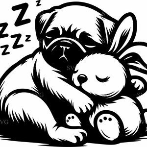 Slapende mopshond SVG, 4 schattige puppy met pluche konijntje, digitale huisdier clipart voor Cricut, puppy silhouet snijden bestand