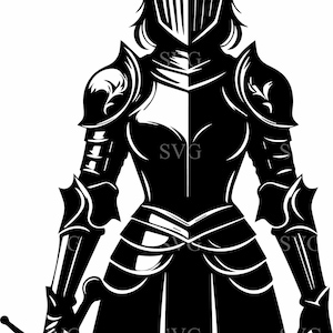 5 Archivos SVG de 5 cortes de una feroz caballero: una guerrera fuerte con armadura, arte medieval épico, descarga digital