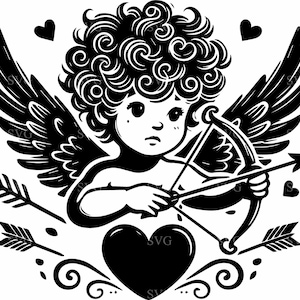 Puede incluir: Ilustración en blanco y negro de un cupido alado sosteniendo un arco y una flecha, con una forma de corazón debajo. El cupido tiene el pelo rizado y mira hacia abajo a la flecha.