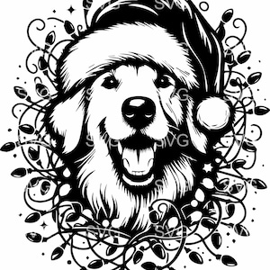 8 lumières Golden retriever SVG - SVG de chien de Noël - clipart chiot bonnet de Noel pour chemises de vacances, ornements pour animaux de compagnie, projets Cricut