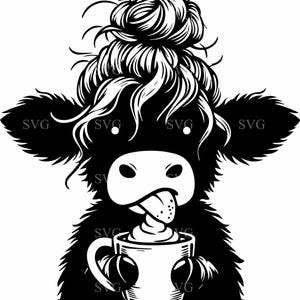 4 Cute Highland Cow with Coffee SVG 4 Cut File, Cozy Cow with Top Knot Drinking Hot Cocoa, Cricut Animal Art