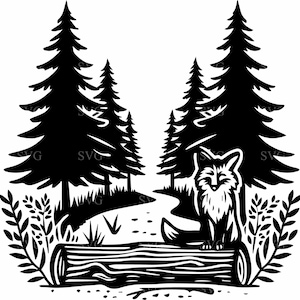 4 fichier coupe SVG renard forestier, scène boisée avec arbres et bûche, Clipart Silhouette animale de la faune pour Cricut et travaux manuels laser