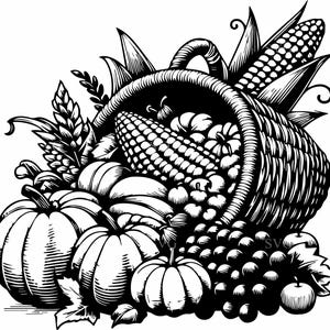 May include: A black and white illustration of a cornucopia overflowing with harvest produce. The basket is filled with pumpkins, corn, grapes, and apples, representing abundance. The detailed linework gives a classic, vintage feel, ideal for autumn designs.