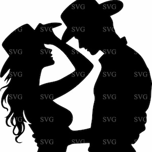Amantes del Oeste SVG, 4 besos de vaquero y vaquera, silueta de romance campestre, arte de pared rústico de granja, archivo de corte de amor de rodeo, clipart digital