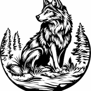 Majestic Wolf SVG - 4 zittende wolf in bossilhouet - Wildlife Clipart voor Cricut Projects